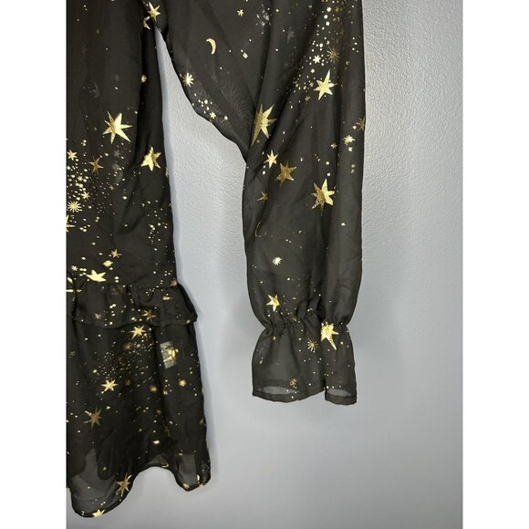 Haoduoyi Mini Dress Womens XL Gold Star Moon Sheer Chiffon Long Sleeve Tunic Top - Picture 5 of 13